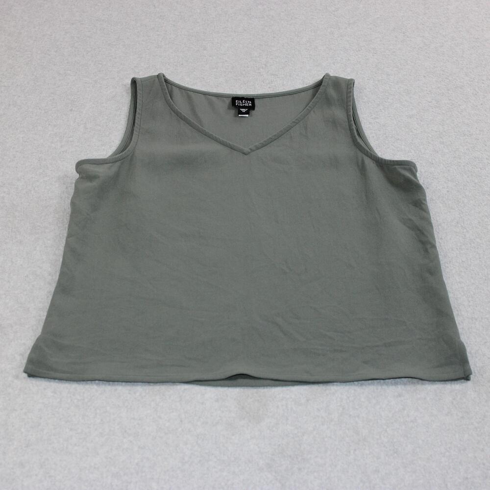 Eileen Fisher Tank Women Medium Green Silk V Neck Sleeveless Basic Capsule Shirt